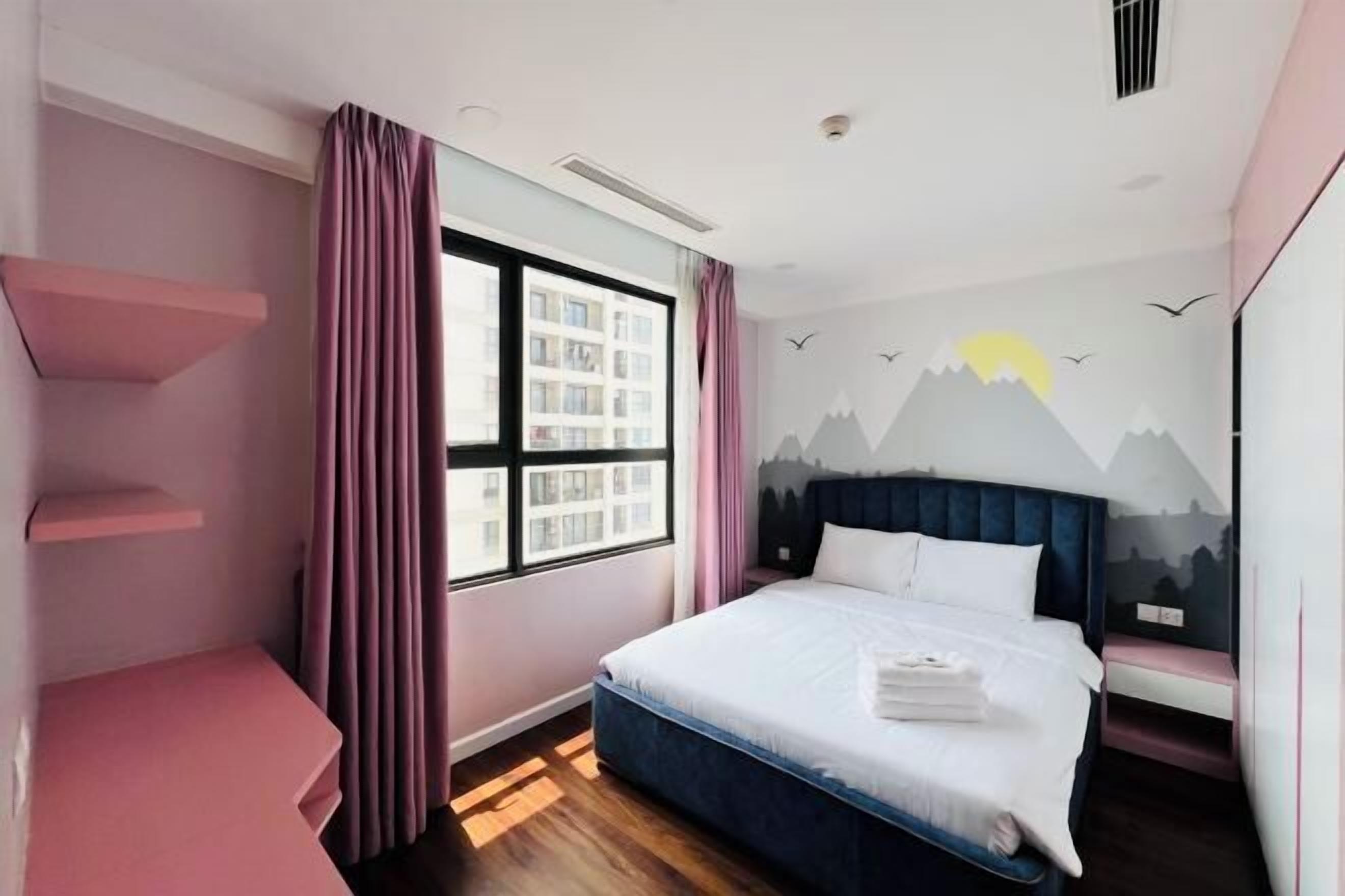 Desk, laptop workspace, blackout drapes, iron/ironing board