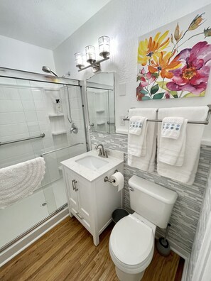 Shower, hair dryer, towels, soap - “Fairview Haven,” built in 1937 is a very cozy space. (Caldwell)