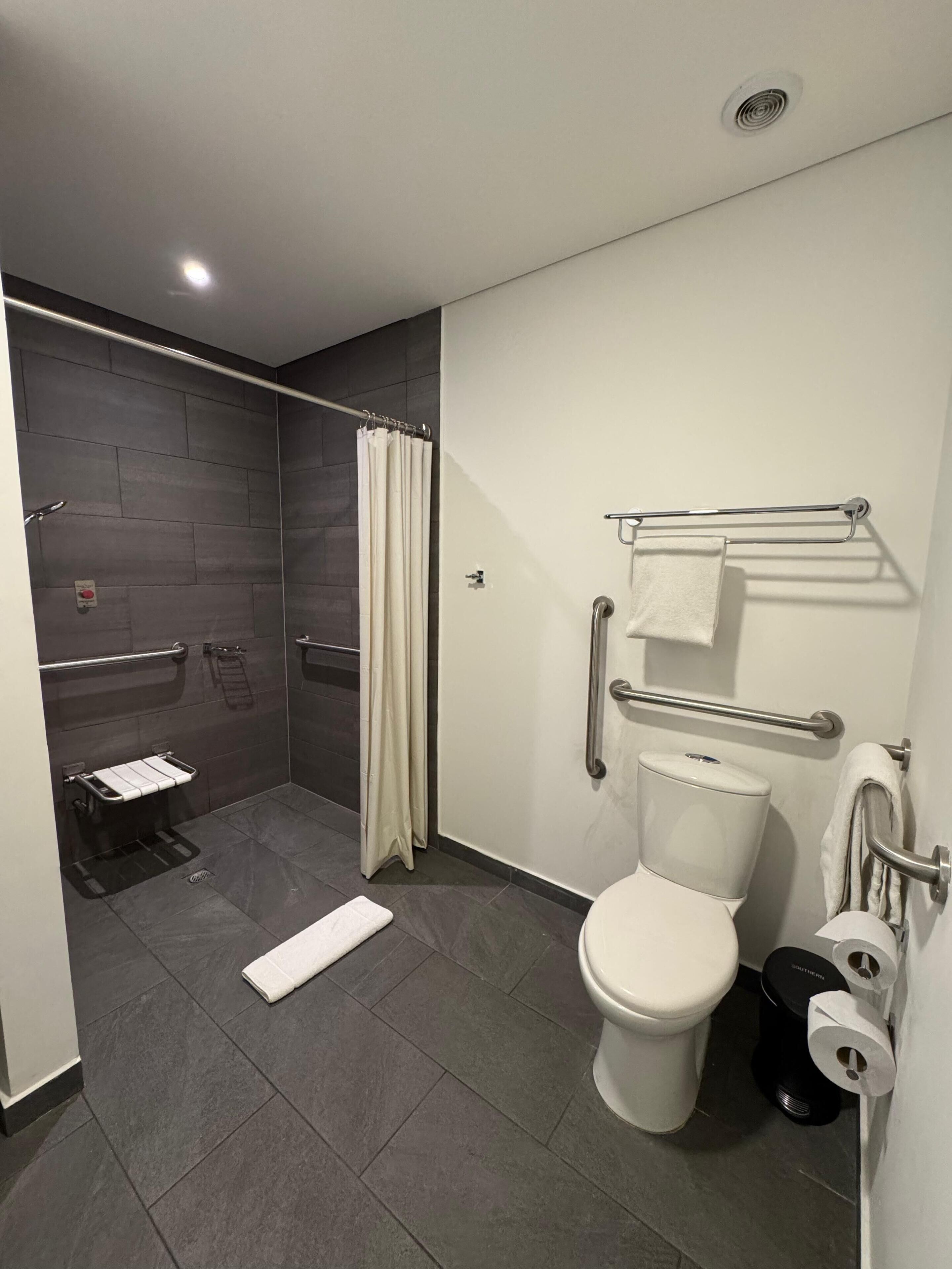 accessible room | bathroom | shower, rainfall showerhead, hair dryer, towels