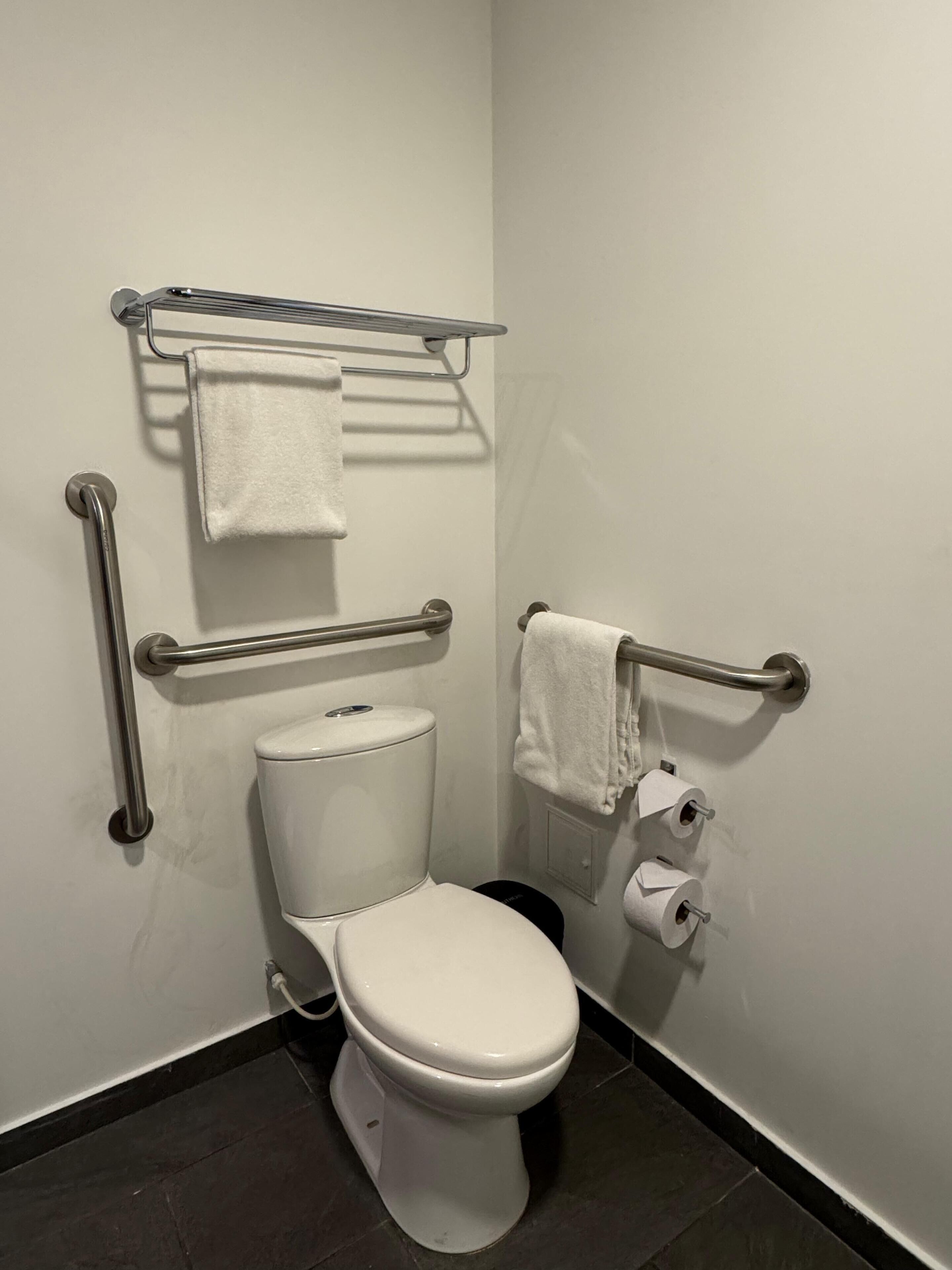 accessible room | bathroom | shower, rainfall showerhead, hair dryer, towels