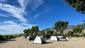 Ein Campingplatz mit mehreren Zelten und Autos, die an einer unbefestigten Straße geparkt sind, umgeben von Bäumen und Bergen im Hintergrund.