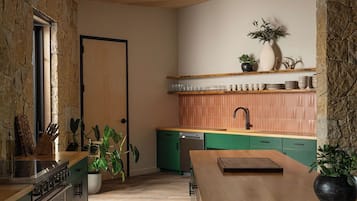 A compact kitchen with a stone wall, wooden cabinets, and a green countertop.
