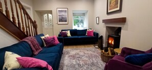 Smart TV, fireplace, books