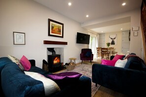 Smart TV, fireplace, books