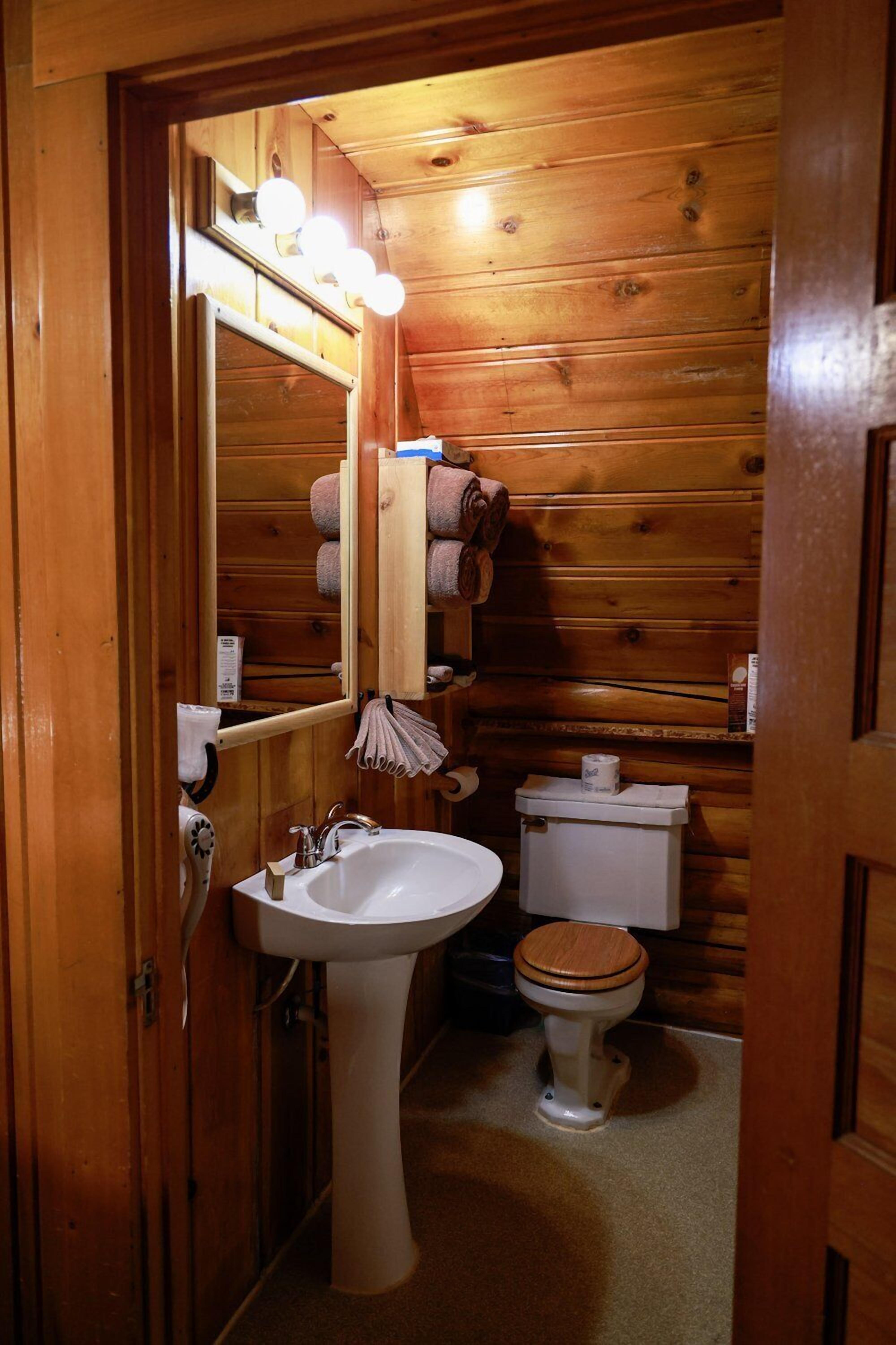 Une salle de bain rustique, aménagée dans une cabane en bois, avec un lavabo, des toilettes et un miroir avec éclairage intégré.