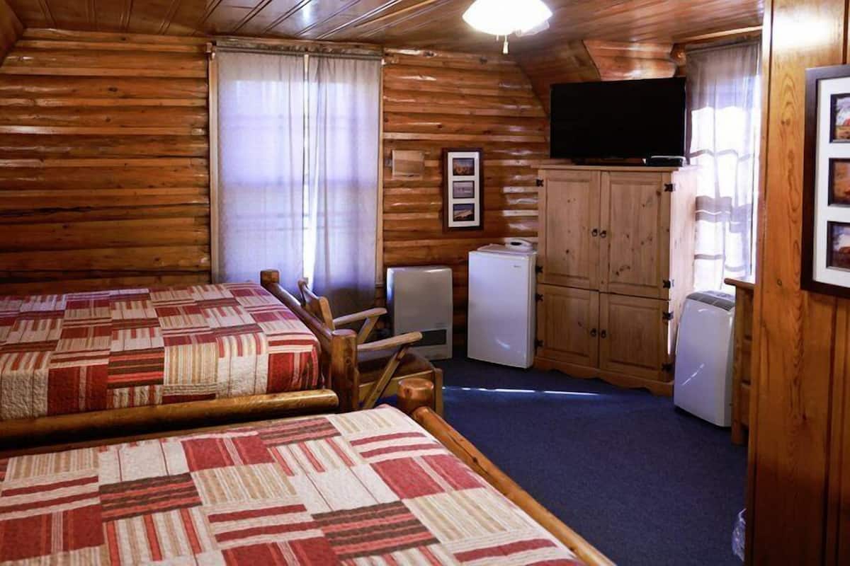 Une chambre confortable de style cabane, avec deux lits, une télévision, un réfrigérateur et des murs en bois.