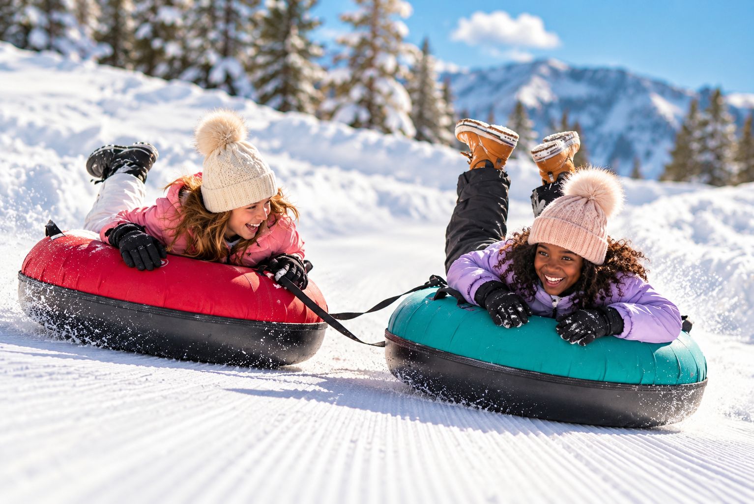 Two individuals sledding on snow tubes in a snowy landscape with trees and mountains in the background.