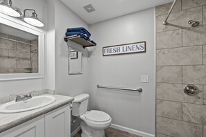 Hair dryer, towels, toilet paper