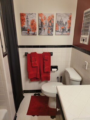 Hair dryer, towels, soap, shampoo