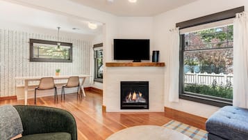 Smart TV, fireplace, books