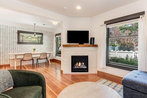 Smart TV, fireplace, books