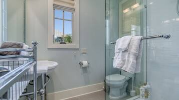 Shower, hair dryer, towels, soap