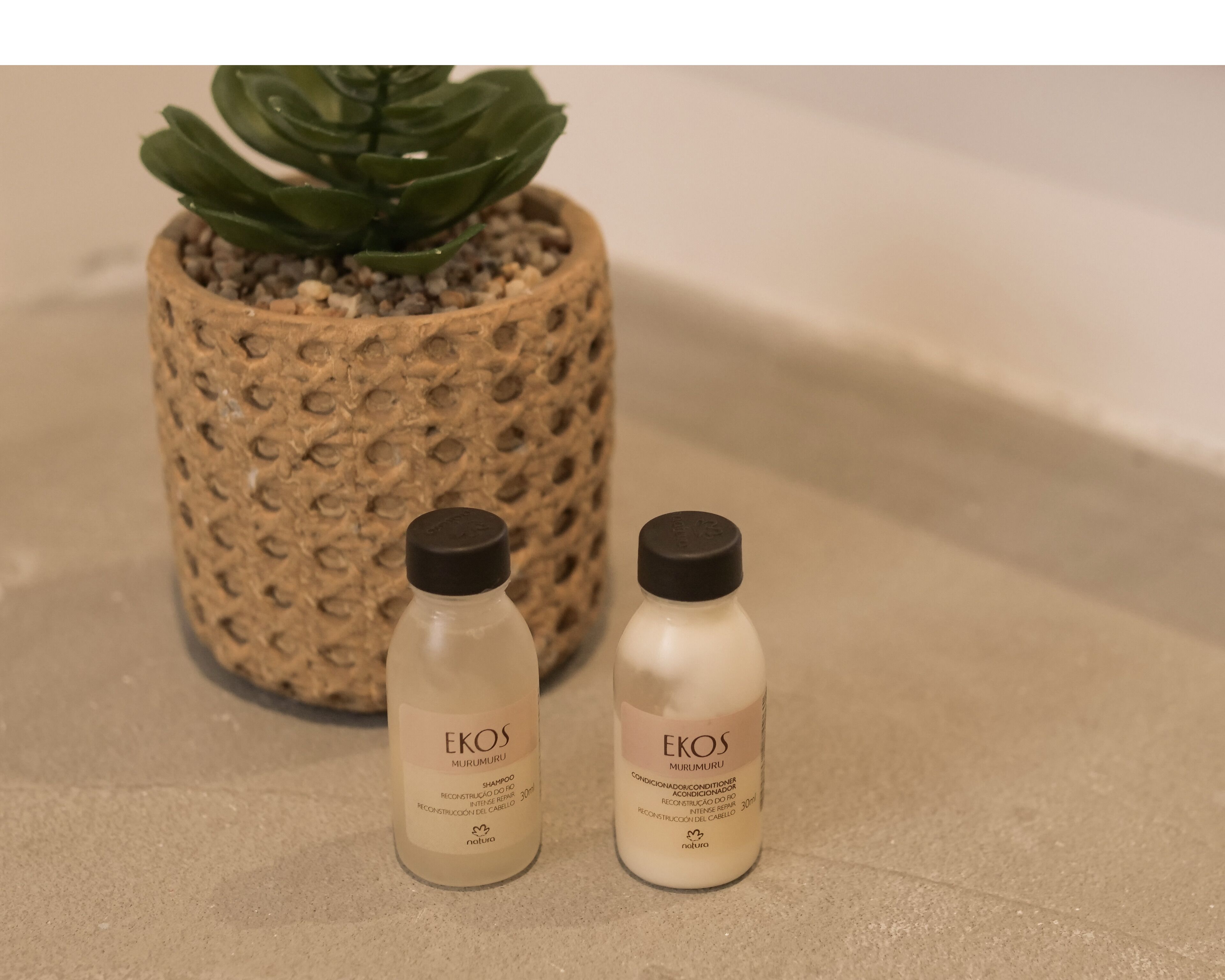 Twee flessen EKOS Murumururu shampoo en conditioner, en een pot met een plant met een structuur.