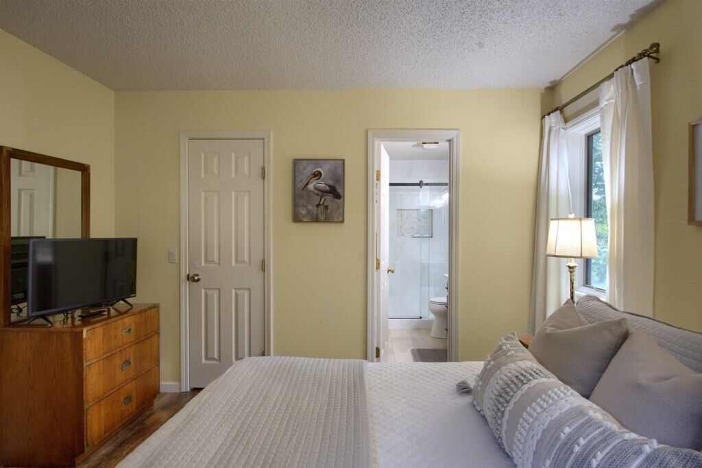 A bedroom with a bed, a dresser, a television, a door, a painting, and a window with curtains.