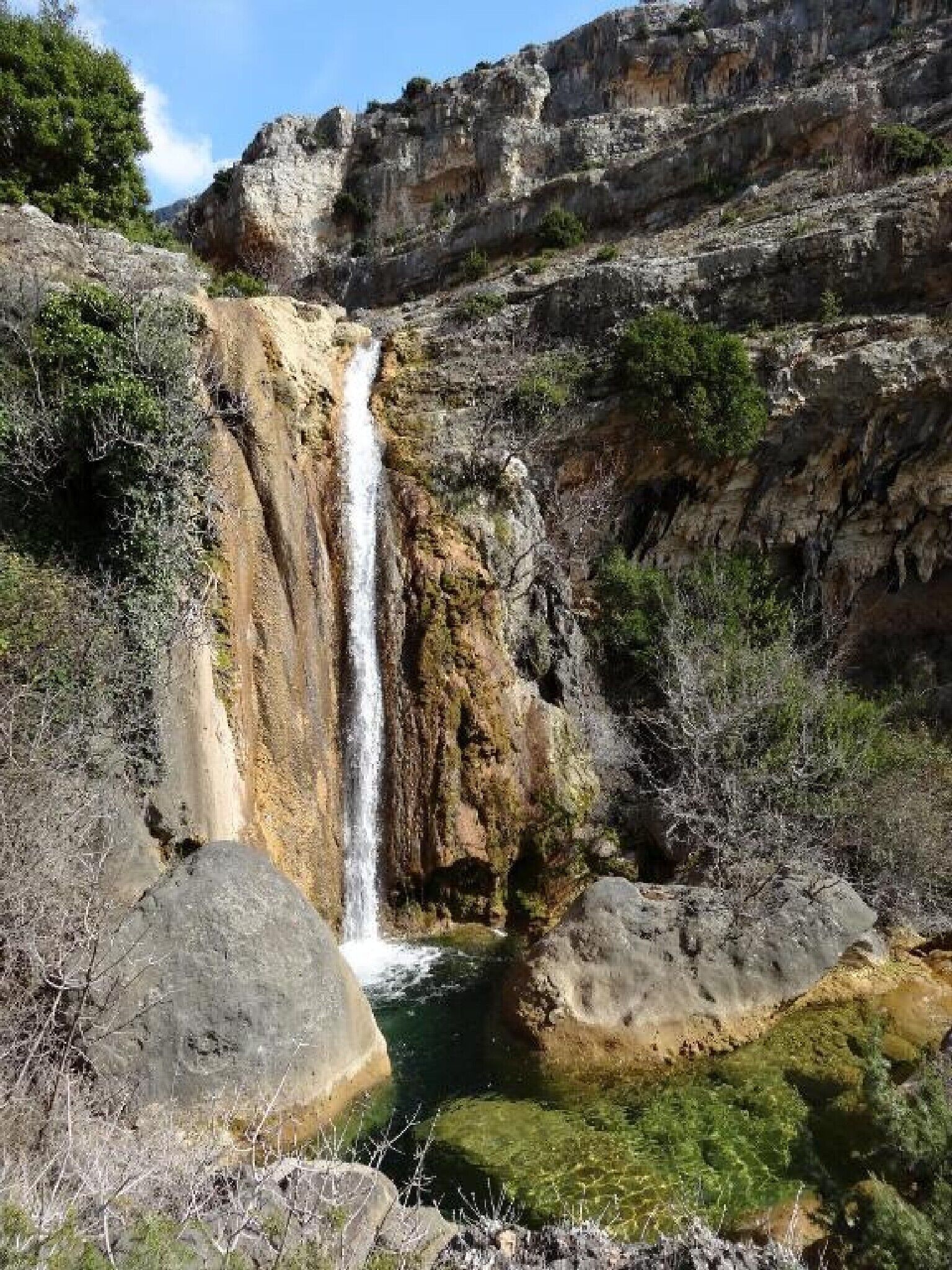Una cascada se precipita por un risco rocoso rodeado de follaje.
