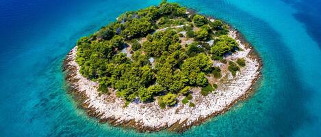 An aerial view of a small, circular island with dense green vegetation and clear turquoise waters surrounding it.