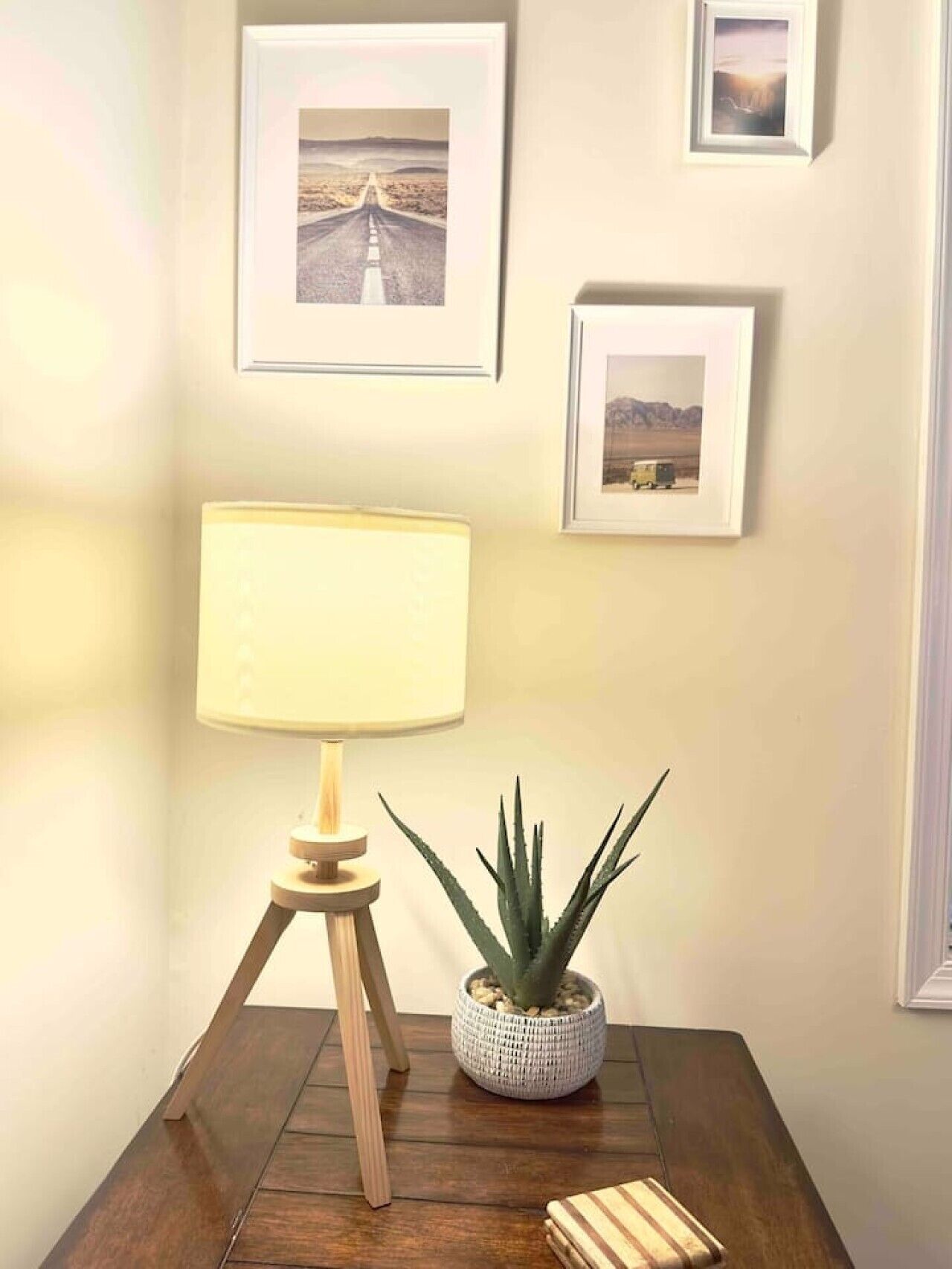 Ein Zimmer mit Holzboden, einer Stehlampe auf Stativ und einem Blumentopf.