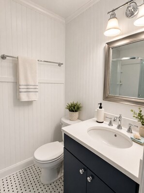 A bathroom with a white toilet, a white sink with a mirror above it, and a towel hanging on a towel bar. - Beach Club Retreat | Pool | 3 Blocks to the Beach (Rehoboth Beach)