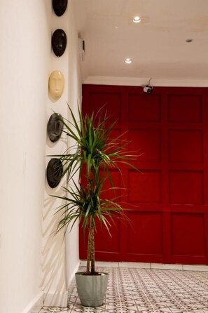 A hallway with a red door, a potted plant, and wall-mounted masks. - St.Moscow Suite Taksim (Istanbul)