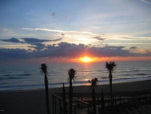 A beach scene with a sunset, palm trees, and a wooden walkway leading to the shore.