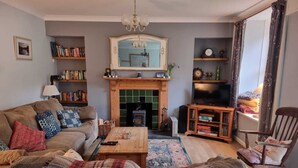 A cozy living room with a fireplace, bookshelves, a sofa, and a television. - Cosy Cottage overlooking the Teifi Gorge (Cilgerran)
