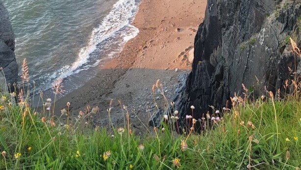 A coastal landscape with a sandy beach, rocky cliffs, and a body of water. - Cosy Cottage overlooking the Teifi Gorge (Cilgerran)
