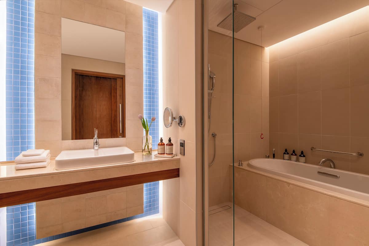 Un baño moderno con un lavamanos grande, espejo y zona de ducha.