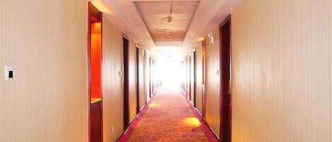 Pasillo de hotel con piso alfombrado y puertas a ambos lados.
