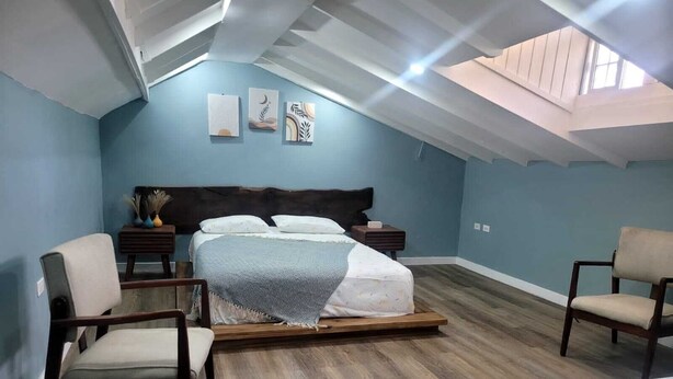 A bedroom with a sloped ceiling, a bed with a wooden frame, two bedside tables, and a skylight. - Carter's Nest Villa (Kingston)