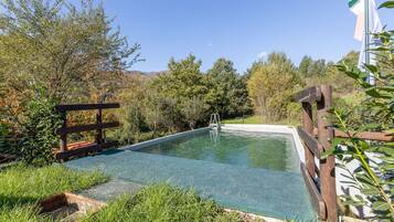 Ein rechteckiger Pool mit Holzterrasse und Leiter, umgeben von üppiger Vegetation und Bäumen.