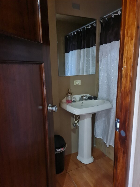 A bathroom with a white sink, a mirror above it, and a black trash bin. - GM Suites Bed & Breakfast (Belmopan)