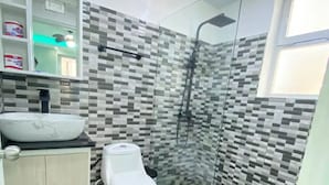 A bathroom with a tiled shower, a toilet, a sink, and a mirror.