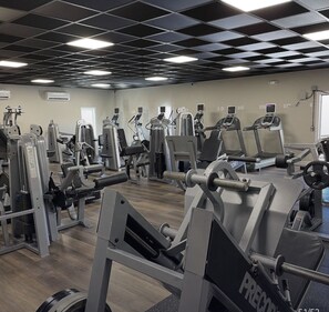 Een sportschool met diverse fitnessapparaten, waaronder loopbanden en krachtstations, gerangschikt in rijen.