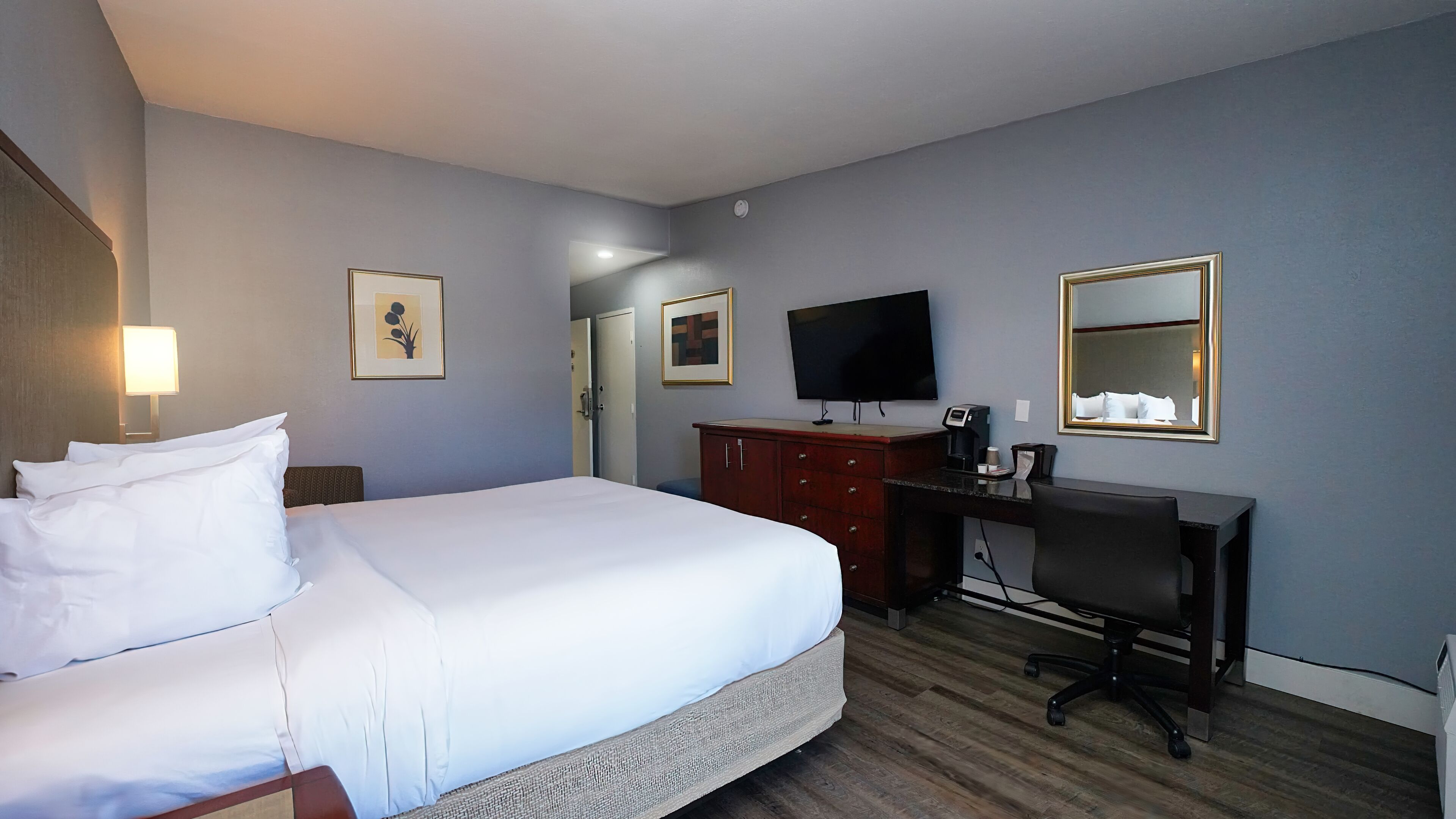 A hotel room with a large bed, a desk, a television, and a mirror.
