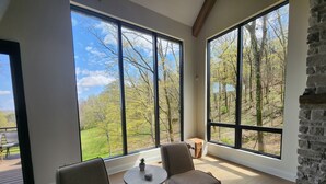 Une pièce spacieuse avec de grandes fenêtres donnant sur une zone boisée. On y trouve deux fauteuils et une petite table ronde sur laquelle est posée une plante en pot.