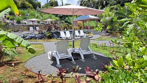 Ein Gartenbereich mit Liegestühlen und Sonnenschirmen, umgeben von tropischen Pflanzen und einem Pavillon.