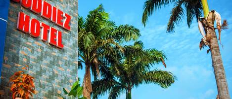Un letrero de hotel con el nombre 'BUDDIEZ HOTEL' y una palmera al frente.