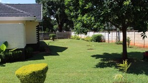 Un jardín bien cuidado con césped impecable, un árbol pequeño y diversas plantas arbustivas.