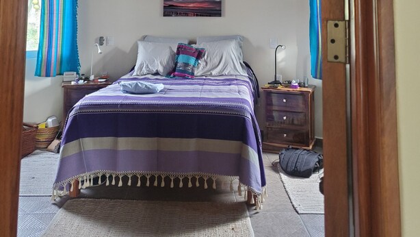 A bedroom with a bed, a ceiling fan, a painting, and a window with curtains.