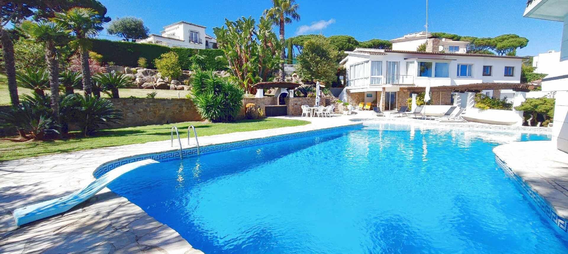 Une piscine bordée de pierres, entourée d’une pelouse bien entretenue et de diverses plantes.