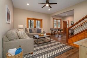 TV, fireplace, foosball