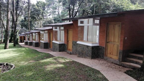 Una hilera de edificios de piedra y ladrillo con ventanas amplias y puertas de madera, ubicados en una zona boscosa.