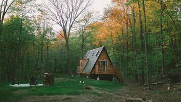 Une cabane au milieu d’une forêt, avec un toit en pente, entourée d’arbres et d’une zone herbeuse.