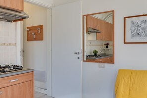 Fridge, stovetop, cookware/dishes/utensils