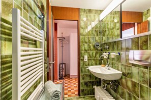 Shower, free toiletries, hair dryer, towels