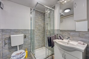 Shower, hair dryer, towels