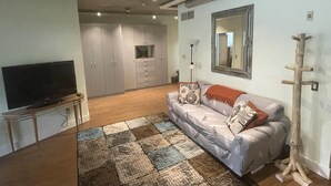 A living room with a sofa, a TV on a stand, a patterned rug, and a mirror on the wall. - Charming 1 Bedroom Industrial Loft w/ Dedicated Parking (Portland)