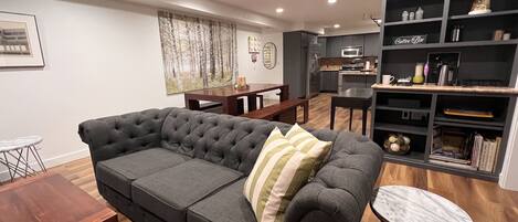 Smart TV, fireplace, books, stereo