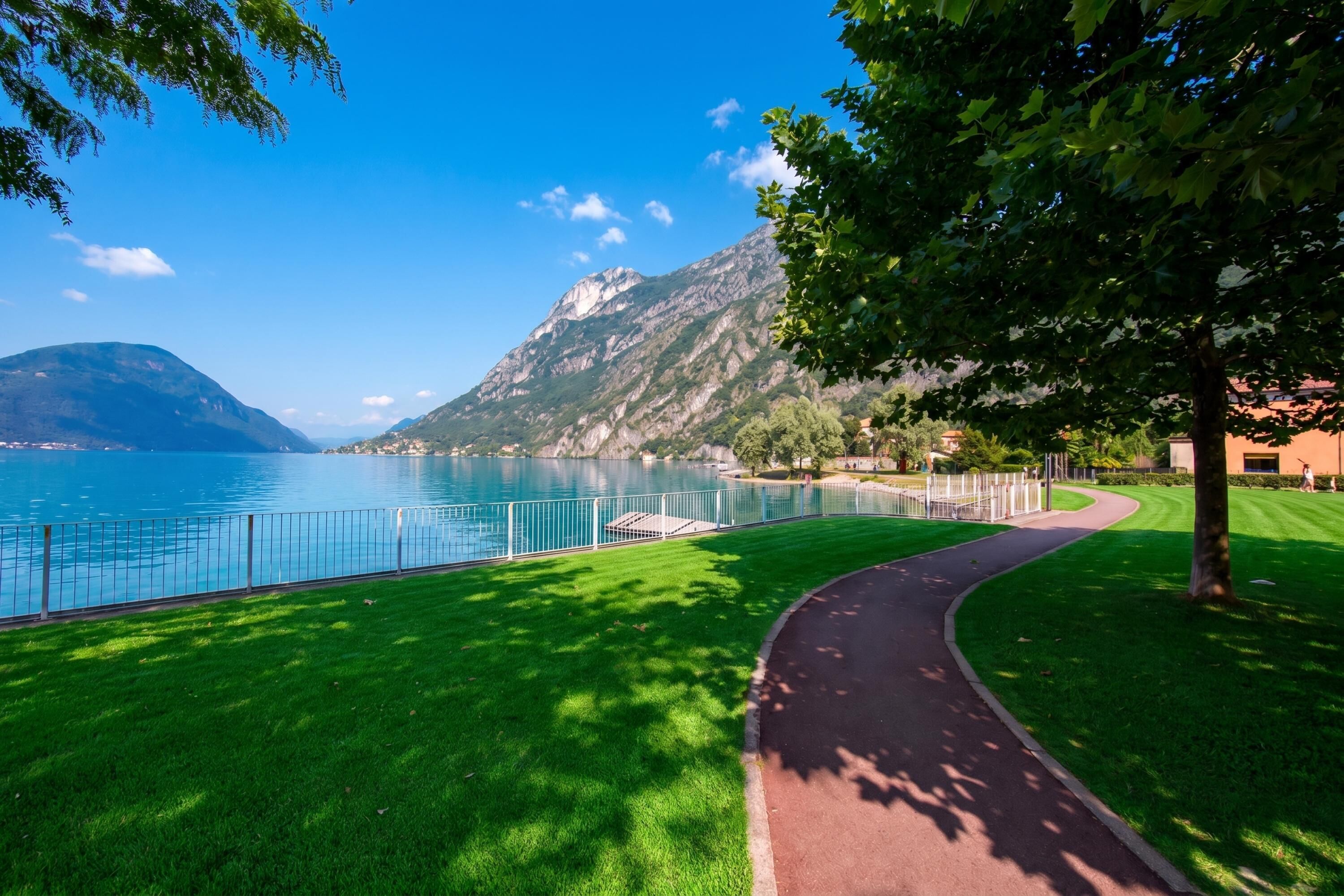 Un paseo bordeando el lago, con vista despejada a una montaña y al lago.