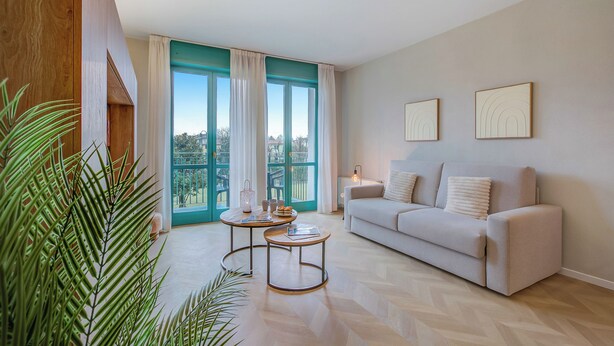 A modern living room with a sofa, two coffee tables, and a large window with curtains. - Porto Letizia P18, Porlezza, Italy (Porlezza)